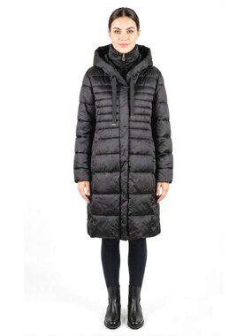 Tahari Long Quilted Puffer Coat with Inner Vest, Black, Womens Size X-Large
